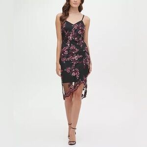 GUESS Sleeveless Floral Lace Chiffon Overlay Sheath Dress